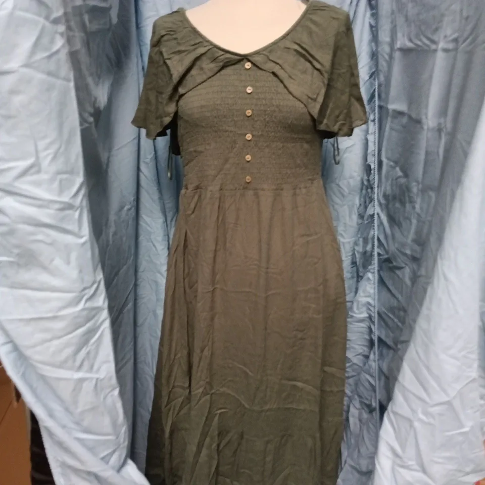DUSK SHIRRED FRILL MAXI DRESS – OLIVE, UK 14
