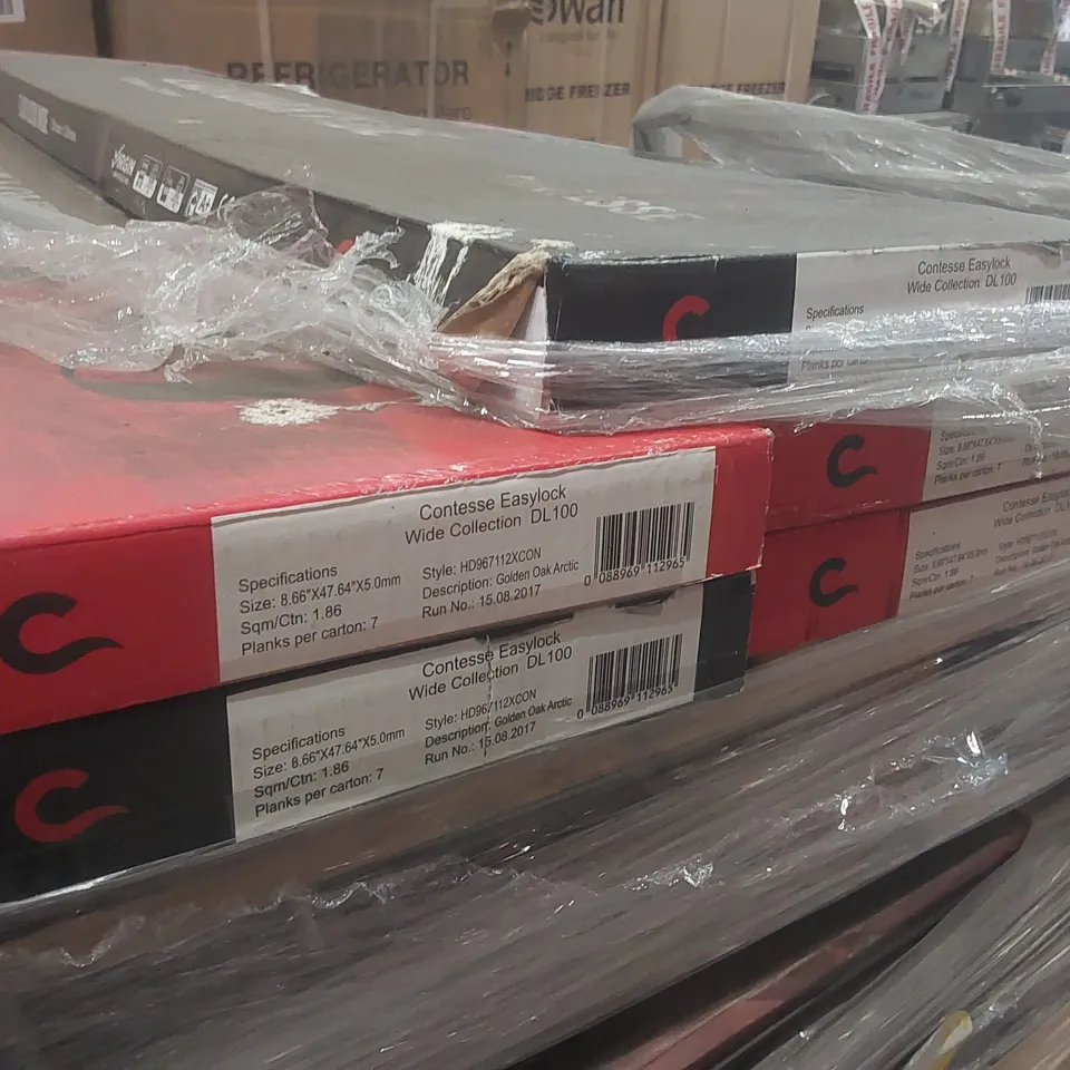PALLET CONTAINING A VERY LARGE QUANTITY OF ASSORTED VINYL FLOORING INCLUDING: ELEEASE LIMESTONE, CONTESSE EASYLOCK WIDE GOLDEN OAK ACRYLIC ECT
