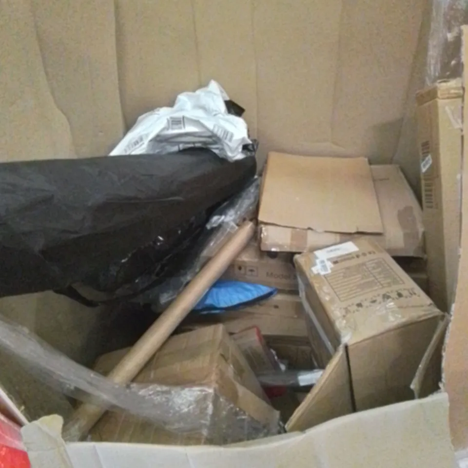 PALLET TO CONTAIN ASSORTED HOUSEHOLD PRODUCTS. INCLUDES CARPET PROTECTOR, TENT, BATTLE BOTS, KIDS BASKETBALL NET, AIR FRYER, PIN BALL ETC 