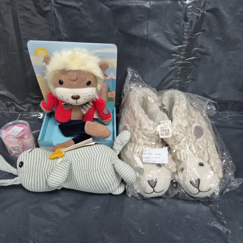 BOX OF ASSORTED ITEMS TO INCLUDE ROSE PETALS, TEDDIES AND SLIPPERS