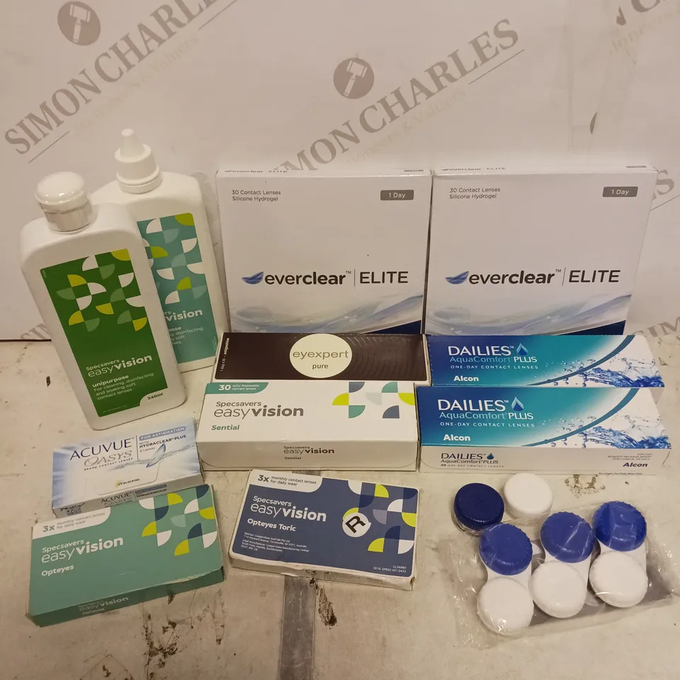 APPROXIMATELY 30 ASSORTED CONTACT LENS PRODUCTS & ACCESSORIES TO INCLUDE SOLUTION, CONTAINERS, LENSES ETC 