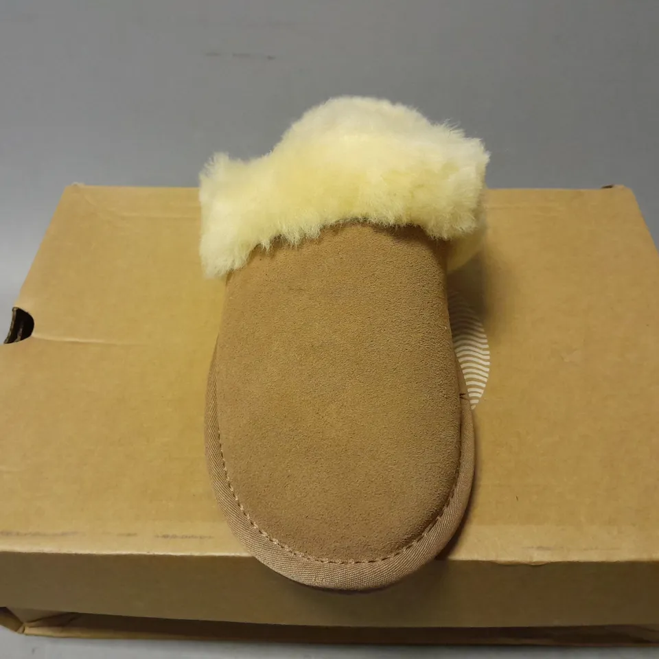 BOXED PAIR OF ARTHUR CAMERON DIASY SLIPPERS IN CHESTNUT - SIZE 5