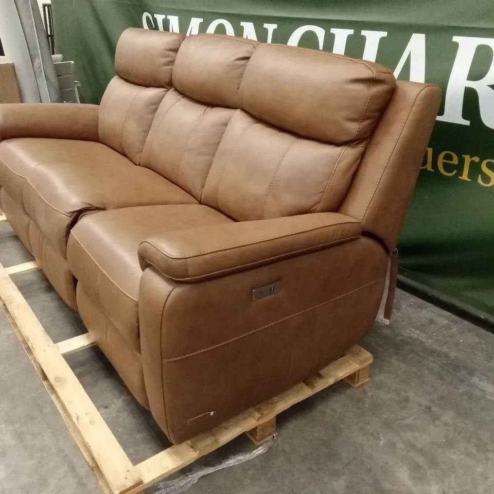 QUALITY DESIGNER 3 SEATER POWER RECLINING TAN LEATHER SOFA