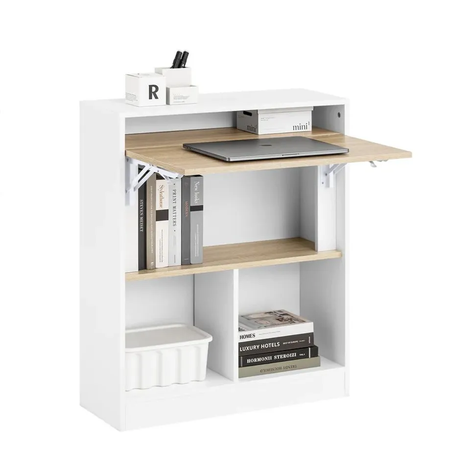 BOXED SOBUY FWT104-WN FOLDABLE DESK WITH 5 STORAGE SHELVES – SPACE-SAVING HOME OFFICE COMPUTER DESK & STUDY TABLE, WHITE AND NATURAL, W70×D57×H85CM
