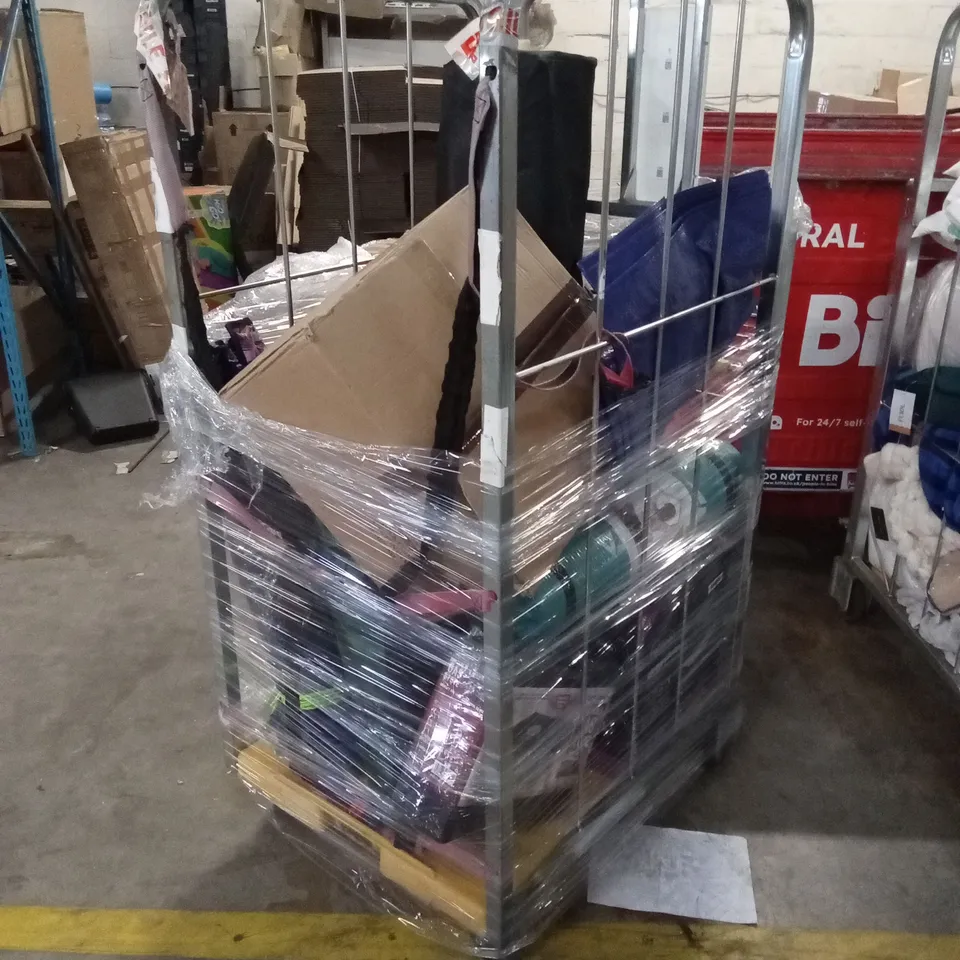 CAGE OF ASSORTED HOUSEHOLD GOODS AND PRODUCTS TO INCLUDE; PORTABLE GAS STOVE, AIR BED, YOGA MAT, CAMPING CHAIR ETC