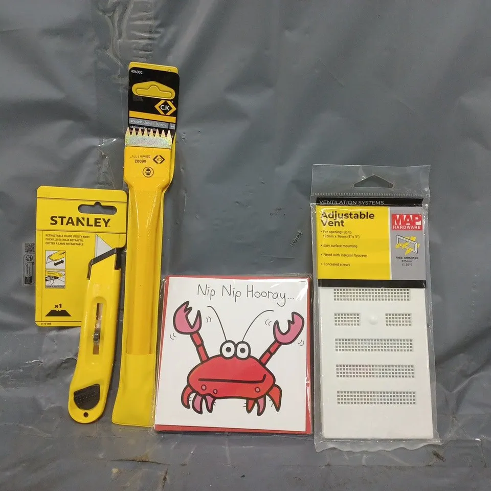 APPROXIMATELY 10 ASSORTED HOUSEHOLD ITEMS TO INCLUDE ADJUSTABLE VENT, SCUTCH CHISEL, ETC - COLLECTION ONLY