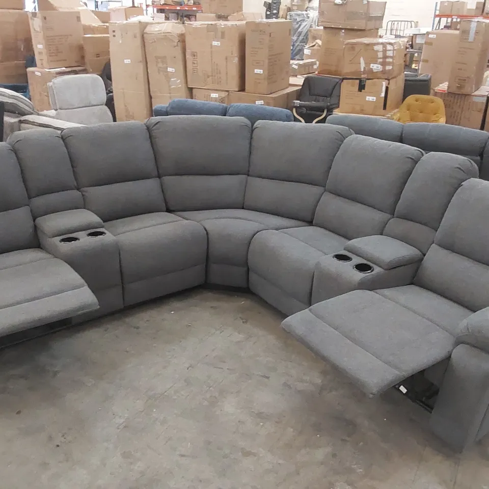 QUALITY DESIGNER FABRIC UPHOLSTERED MANUAL RECLINER CORNER SOFA WITH CUPHOLDERS AND ARMRESTS 