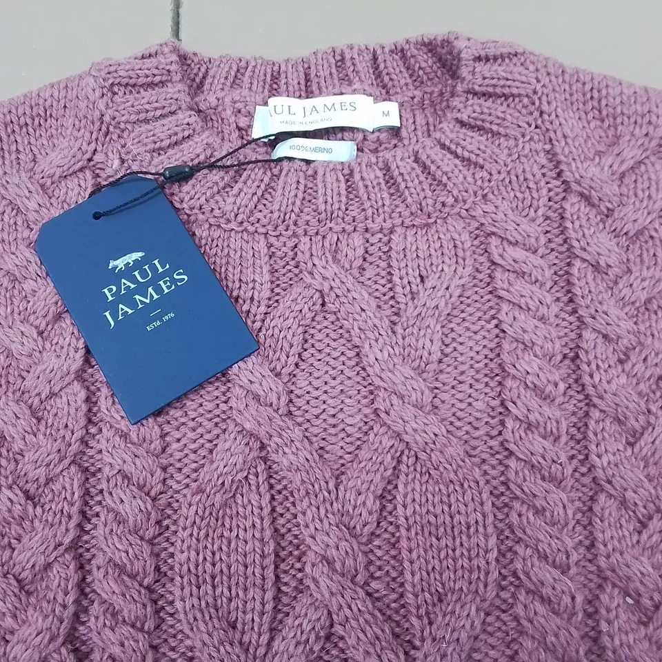 PAUL JAMES 100% MERINO CABLE KNIT JUMPER IN DUSTY PINK - M
