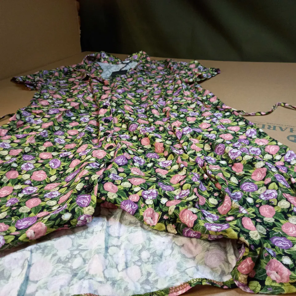 WAREHOUSE BLACK OSE FLORAL BUTTON FRONT TIE MINI DRESS - SIZE 10
