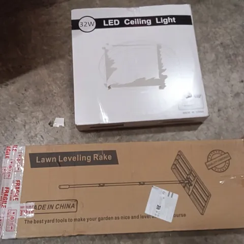 PALLET OF ASSORTED ITEMS INCLUDING - LED CEILING LIGHT, LAWN LEVELING RAKE