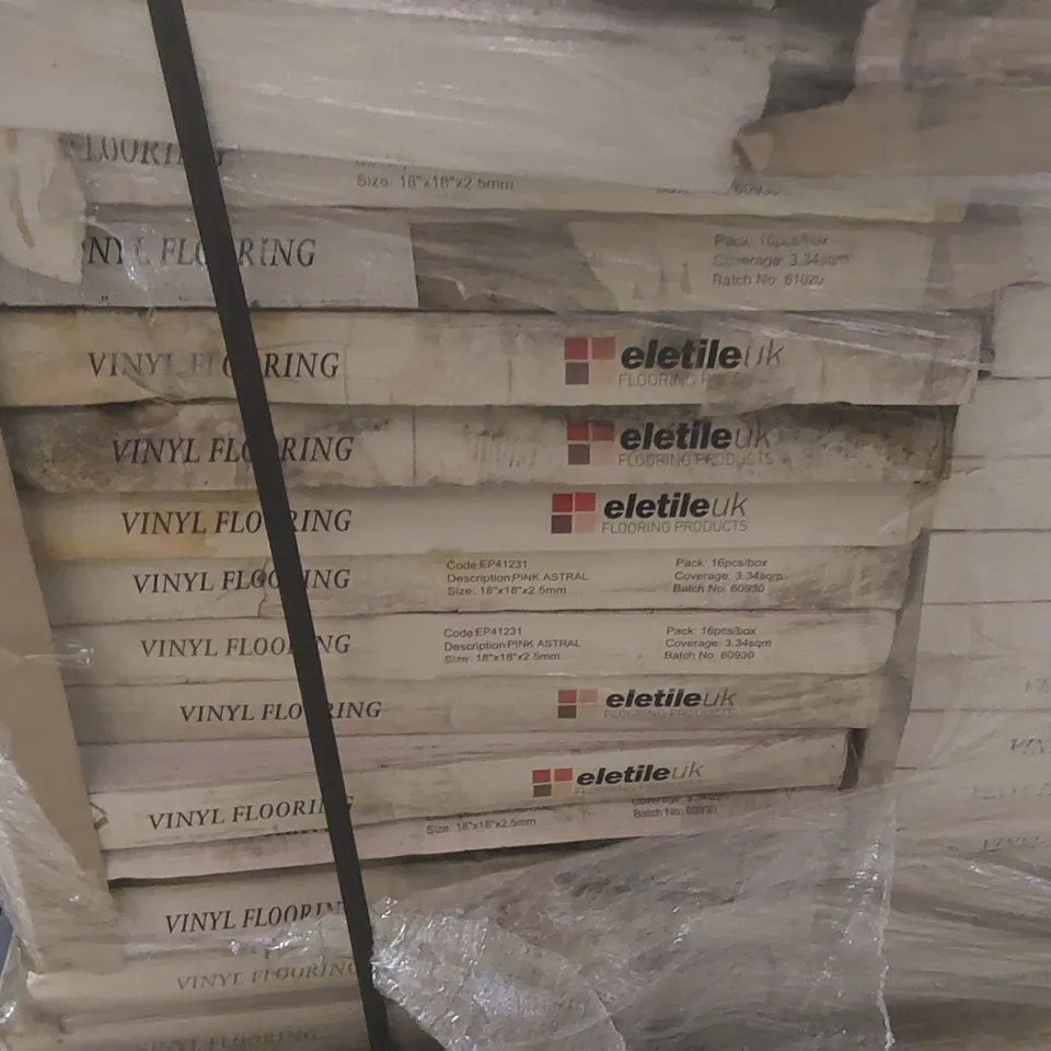 PALLET CONTAINING A VERY LARGE QUANTITY OF BRAND NEW ASSORTED LUXURY VINYL TILE FLOORING TO INCLUDE: CANTESSE URBAN COLLECTION DARK SLATE, ELETILE UK PINK ASTRAL
