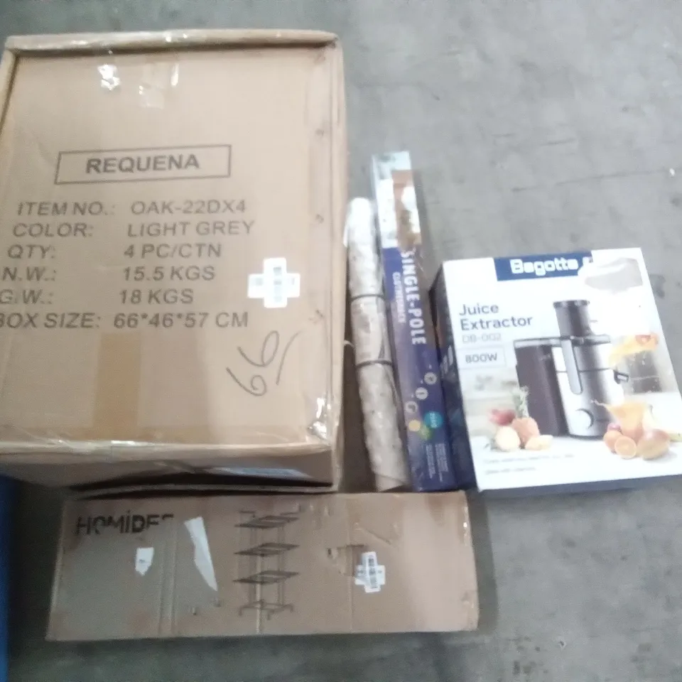 PALLET OF ASSORTED ITEMS INCLUDING BAGOTTA JUICE EXTRACTOR, HOMIDEC DRYING RACK, SINGLE POLE CLOTHES RACK, REQUENA, SHOWER MAT, GOLDFAN  