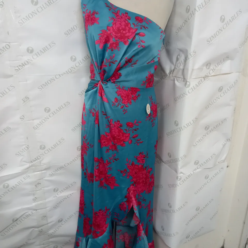 CHI CHI LONDON ONE SHOULDER FLORAL PRINTED MIDI DRESS IN PINK AND BLUE SIZE 8