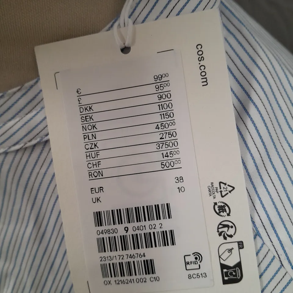 COS BLUE/WHITE STRIPPED COLLARLESS SHIRT - UK 10