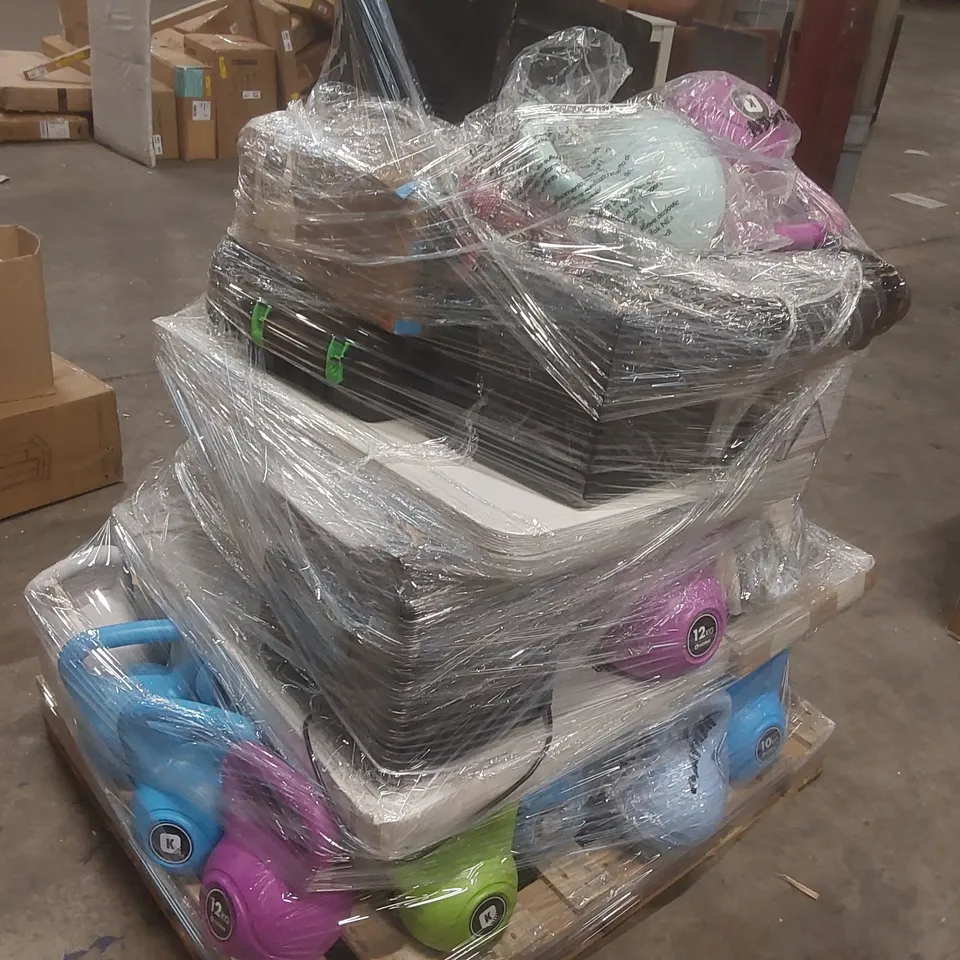 PALLET CONTAINING A LARGE QUANTITY OF ASSORTED CONSUMER PRODUCTS INCLUDING: KETTLE BELL WEIGHTS, SUITCASE, FOLDING TABLE, MICROWAVE ECT
