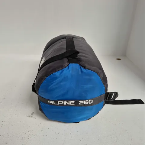 ALPINE 250 SLEEPING BAG – BLUE & GREY, ROLL-PACKED WITH COMPRESSION BAG