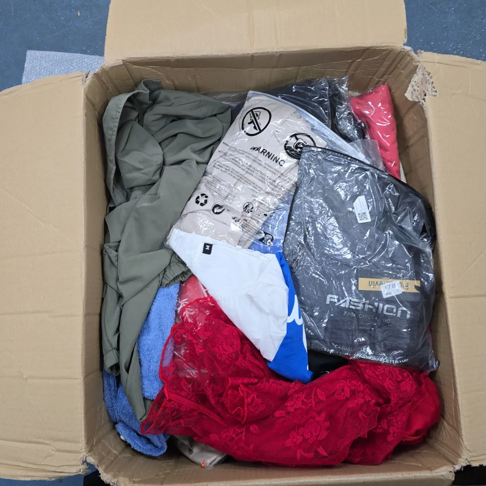 BOX OF APPROXIMATELY 25 CLOTHING ITEMS INCLUDING: POLO JOGGERS, POLO JUMPER AND SMALL PURSE