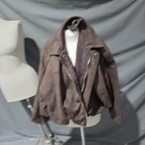 QED LONDON SUEDETTE PUFFBALL JACKET - CHOCOLATE, UK SIZE S-M (WOMEN)