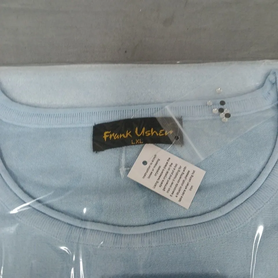 FRANK USHER LIGHT BLUE KNIT TOP WITH PEARL EMBELLISHMENT – SIZE LXL