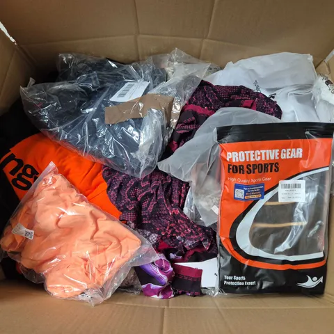 LARGE BOX OF APPROXIMATELY 20 ASSORTED CLOTHING ITEMS IN VARIOUS SIZES, STYLES AND COLOURS