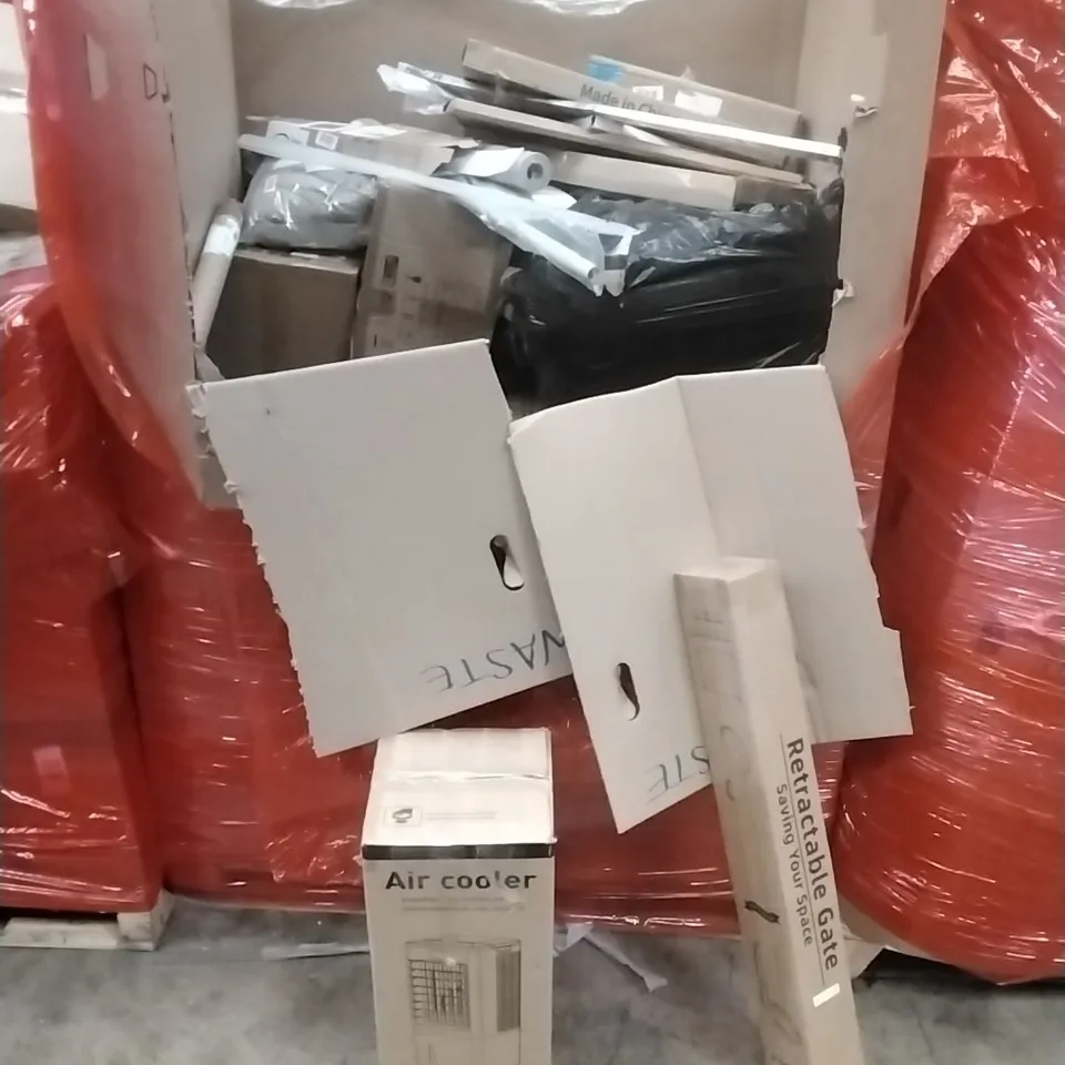 PALLET OF ASSORTED HOUSEHOLD GOODS AND PRODUCTS TO INCLUDE; AIR COOLERS, RETRACTABLE GATE, BOXED FURNITURE ETC