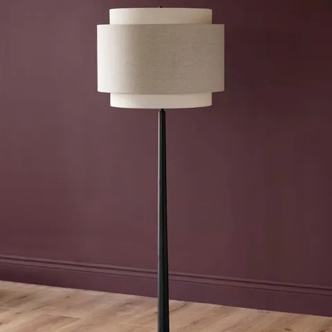 BOXED LEONIE NATURAL AND MOCHA LINEN BLACK WOOD FLOOR LAMP (2 BOXES)