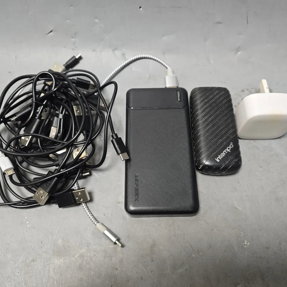 APPROXIMATELY 12 ASSORTED ITEMS TO INCLUDE - USB PLUG , INTEMPO POWER BANK , ASPERX POWER BANK ETC