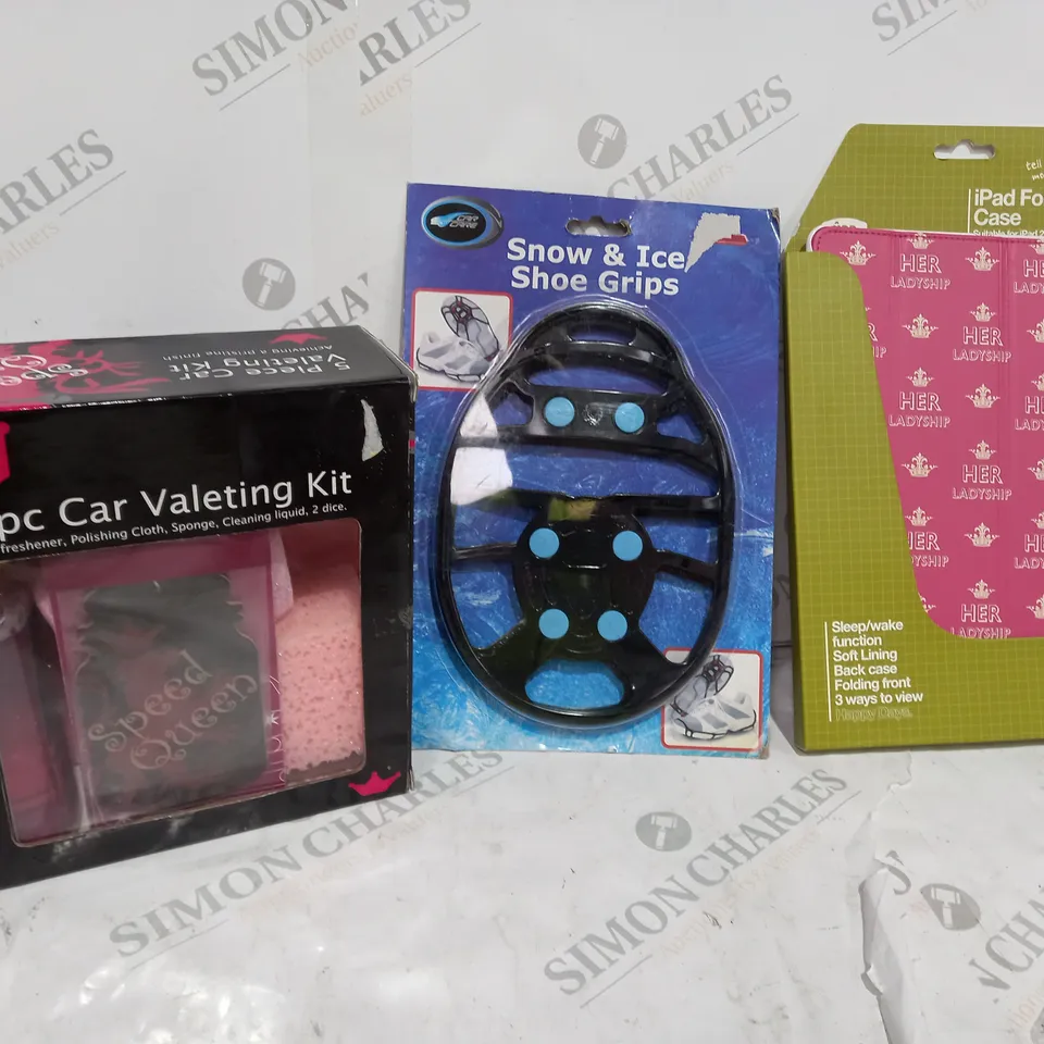 BOX OF 3 ITEMS TO INCLUDE CAR VALETING KIT, IPAD CASE AND SHOE GRIPS