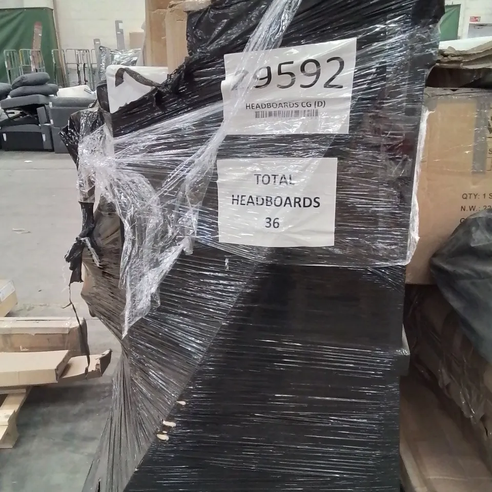 PALLET CONTAINING APPROXIMATELY 36 HEADBOARDS AND A SELECTION OF BEDDING, HOME FURNISHINGS ETC.