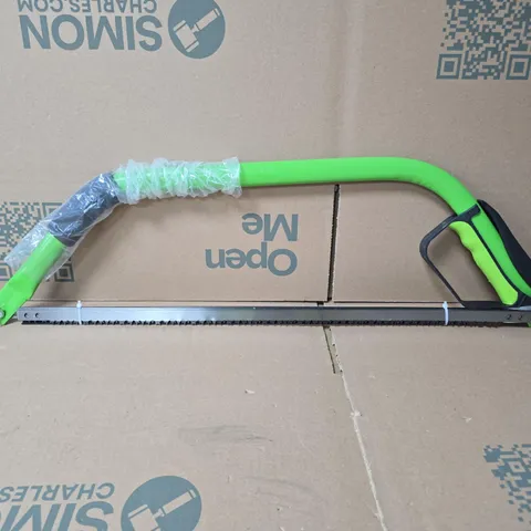NEON GREEN HANDHELD SAW WITH CURVED FRAME AND LONG SERRATED BLADE 