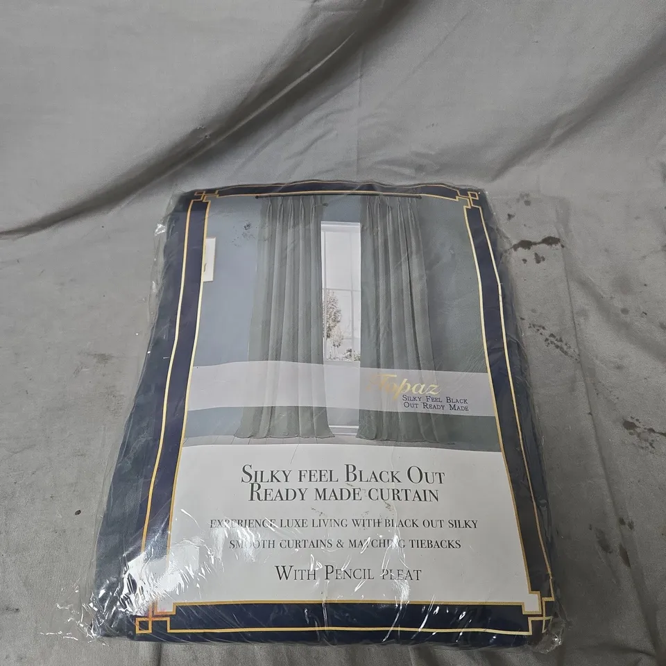 TOPAZ HOME SILKY FEEL BLACK OUT READY MADE PENCIL PLEAT CURTAINS IN DARK GREY – 228X228CM