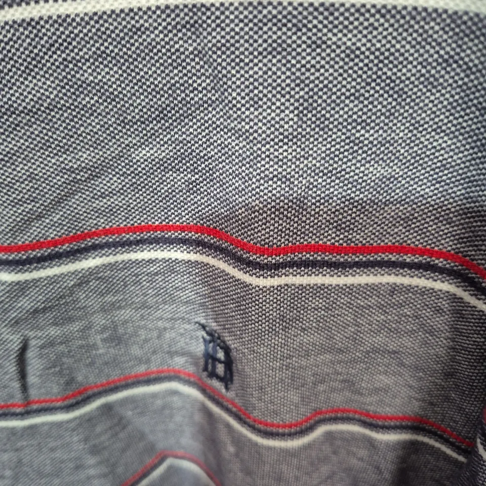 BLUE HARBOUR BY M&S MEN'S STRIPED POLO SHIRT, NAVY WITH WHITE AND RED STRIPES, XL