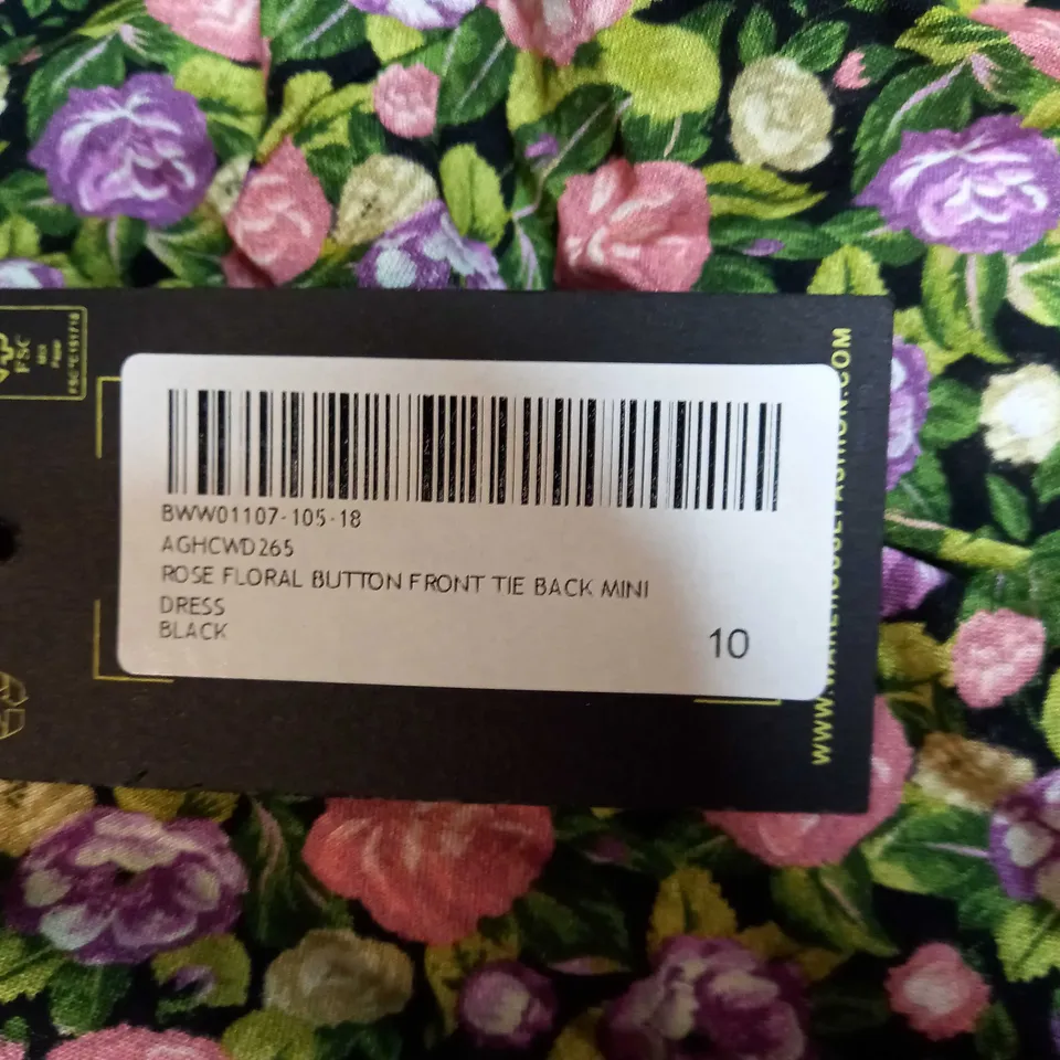 WAREHOUSE BLACK OSE FLORAL BUTTON FRONT TIE MINI DRESS - SIZE 10