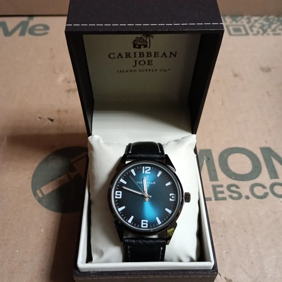 BOXED CARIBBEAN JOE TEAL DIAL WATCH WITH BLACK LEATHER STRAP