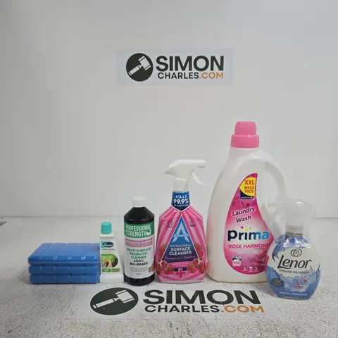 TOTE OF APPROXIMATELY 10 ASSORTED ITEMS INCLUDING LENOR CREASE RELEASER, PRIMA LAUNDRY WASH AND ASTONISH ANTIBACTERIAL SURFACE CLEANER