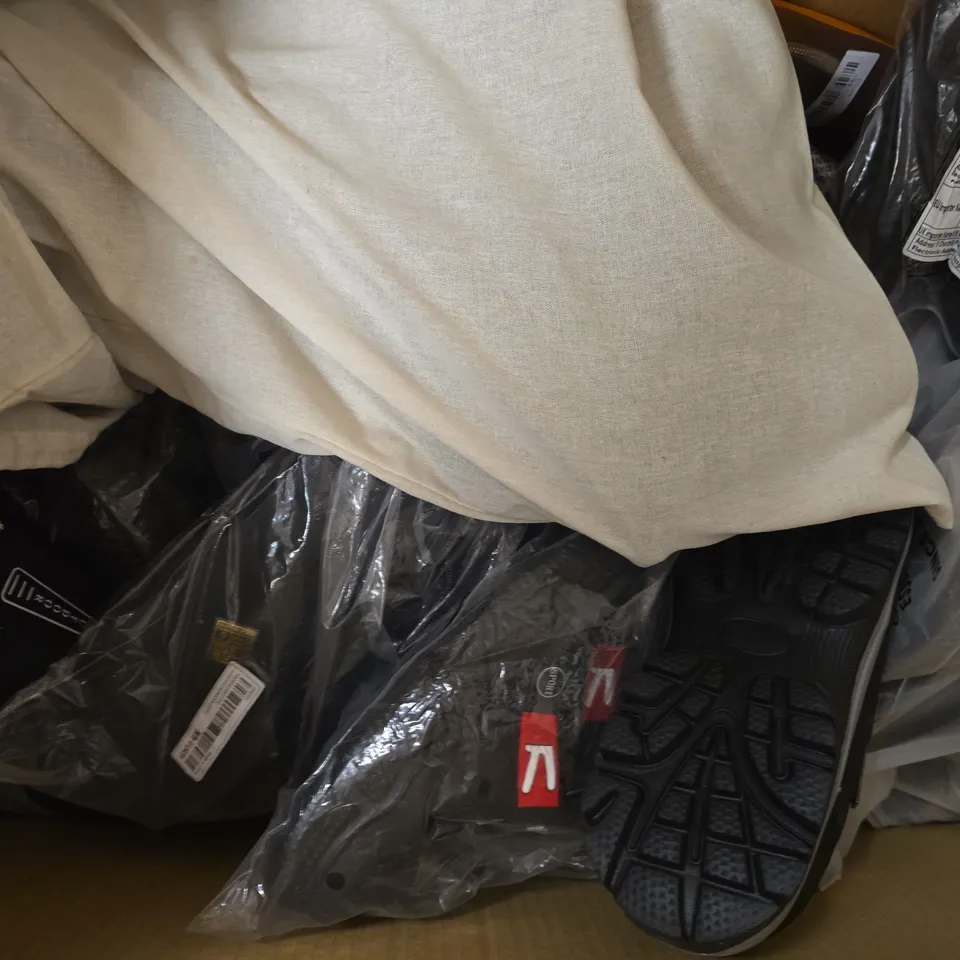 BOX OF APPROXIMATELY 15 ASSORTED PAIRS OF SHOES AND FOOTWEAR ITEMS IN VARIOUS COLOURS, STYLES, AND SIZES - COLLECTION ONLY