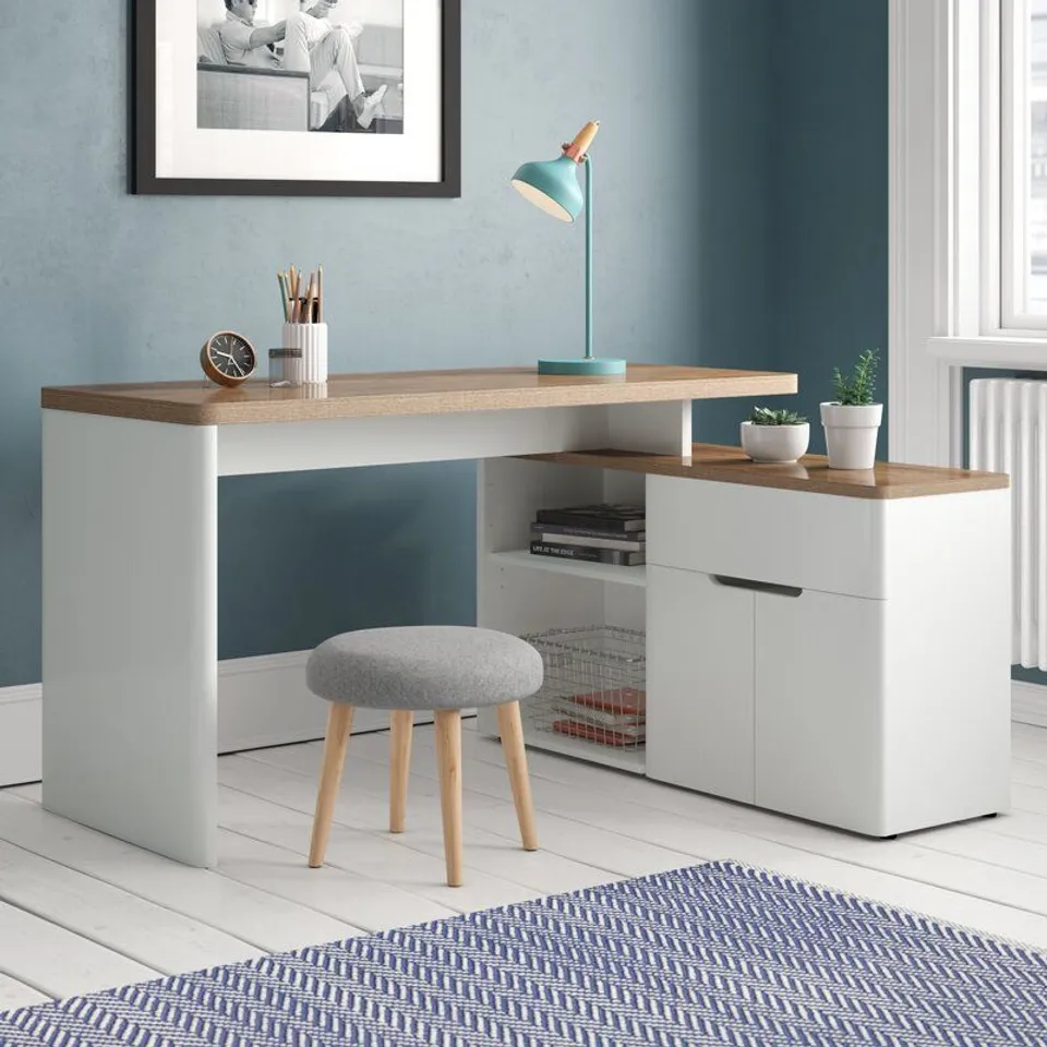 BOXED GOETHE L-SHAPE DESK - OAK/WHITE (1 BOX)
