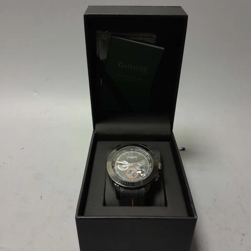 BOXED GAMAGES LONDON NAVIGATOR WATCH IN BLACK/ORANGE