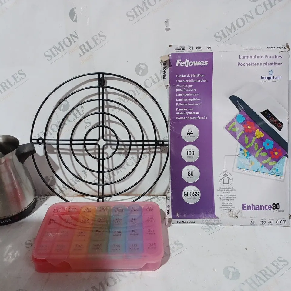 BOX OF APPROX 14 ASSORTED ITEMS TO INCLUDE - FELLOWES A4 PAPER - TABLET SORTER - SANLI TABLEWARE ECT 