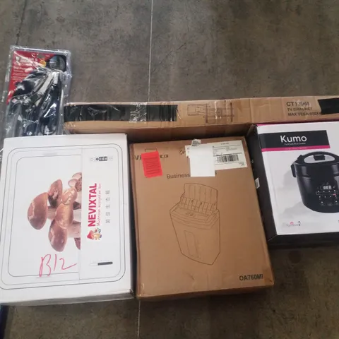 PALLET CONTAINING ASSORTED PRODUCTS INCLUDING TV BRACKET, RICE COOKER, MUSHROOM ECOSYSTEM BOX, TREE PRUNER WITH SAW, PAPER SHREDDER