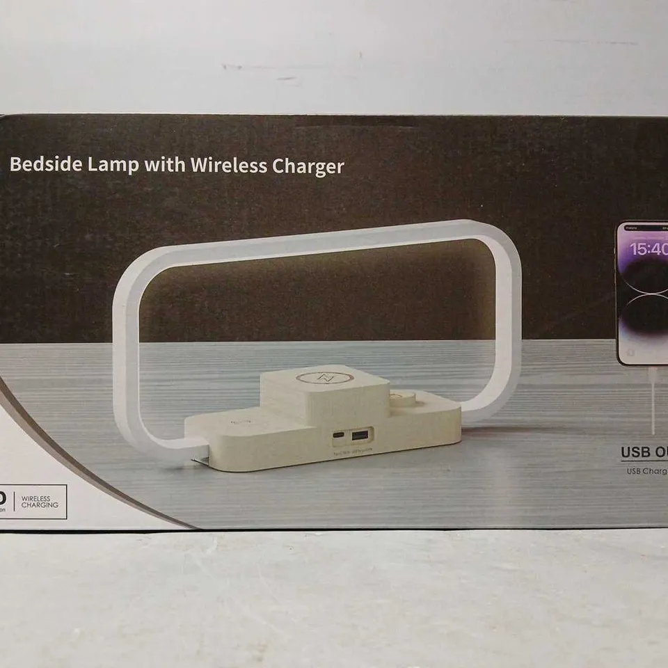 BOXED BEDSIDE LAMP WITH WIRELESS CHARGER & USB OUT