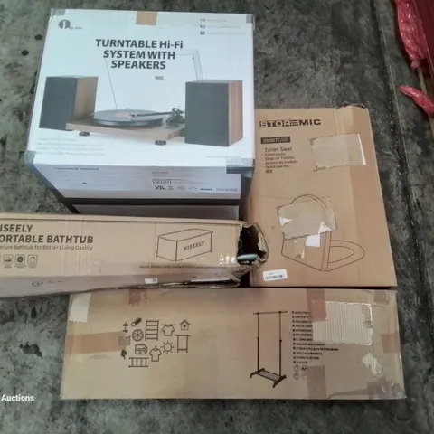 PALLET OF ASSORTED ITEMS INCLUDING TOILET SEAT, ADJUSTABLE CLOTHES RACK, PORTABLE BATHTUB, TURNTABLE HI-FI SYSTEM WITH SPEAKERS 