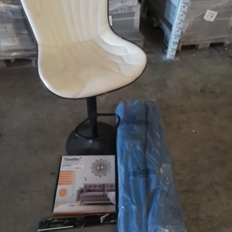 PALLET OF ASSORTED  ITEMS TO INCLUDE SWIVEL BAR STOOL, FOLDING CAMPING CHAIRS, WALL CLOCK, FOLD BRACKET