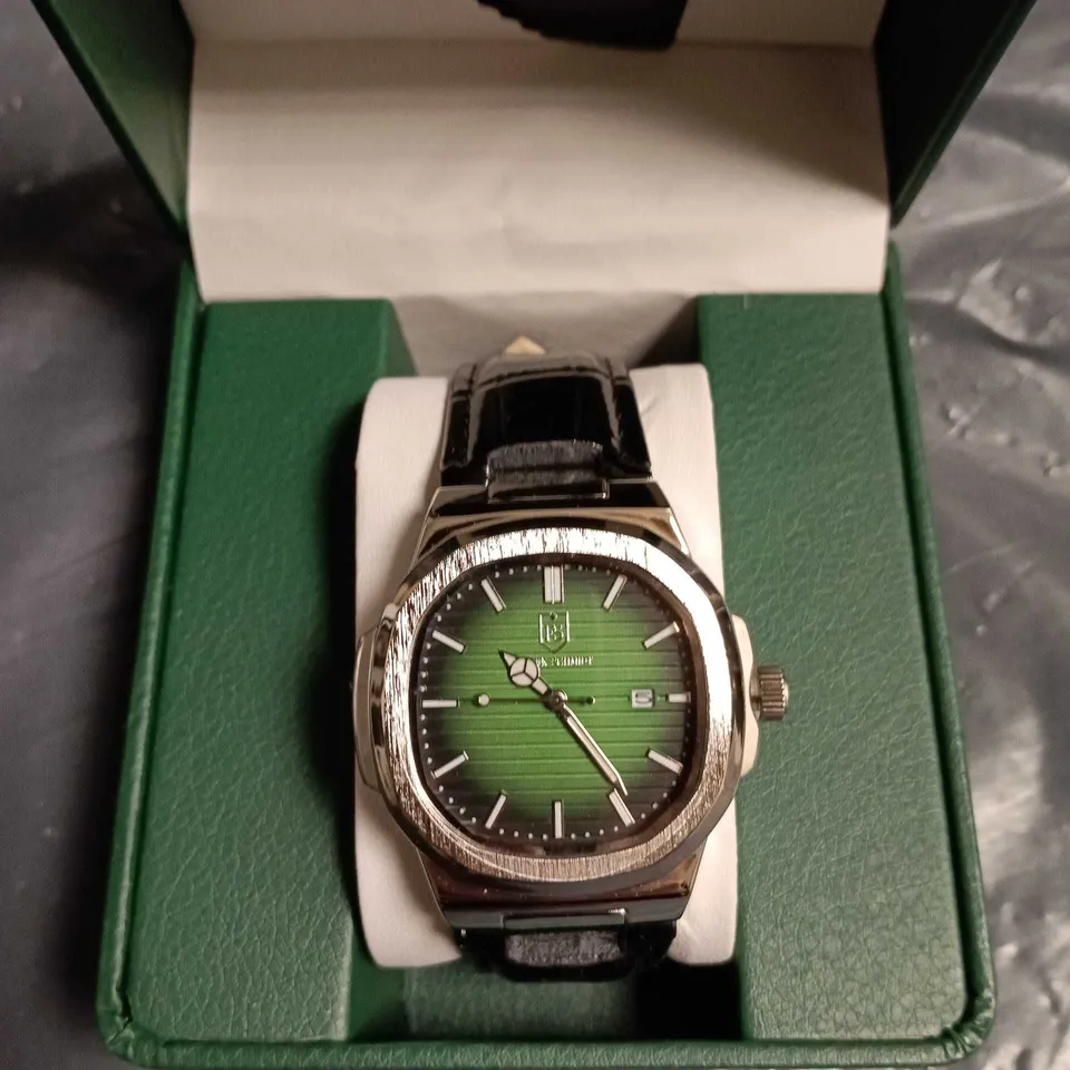 FRANK SCHMIDT WATCH – GREEN DIAL, STAINLESS STEEL CASE, BLACK LEATHER STRAP