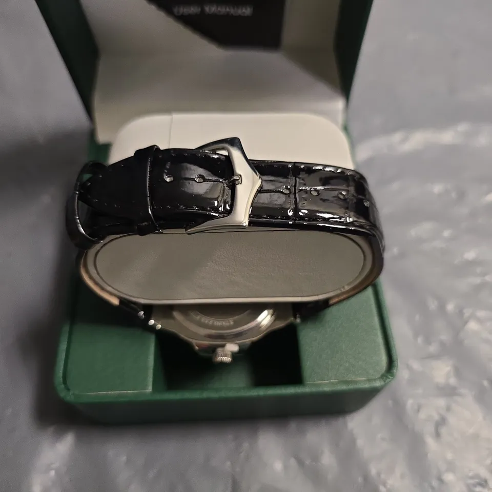 FRANK SCHMIDT SILVER DIAL WATCH WITH BLACK LEATHER STRAP