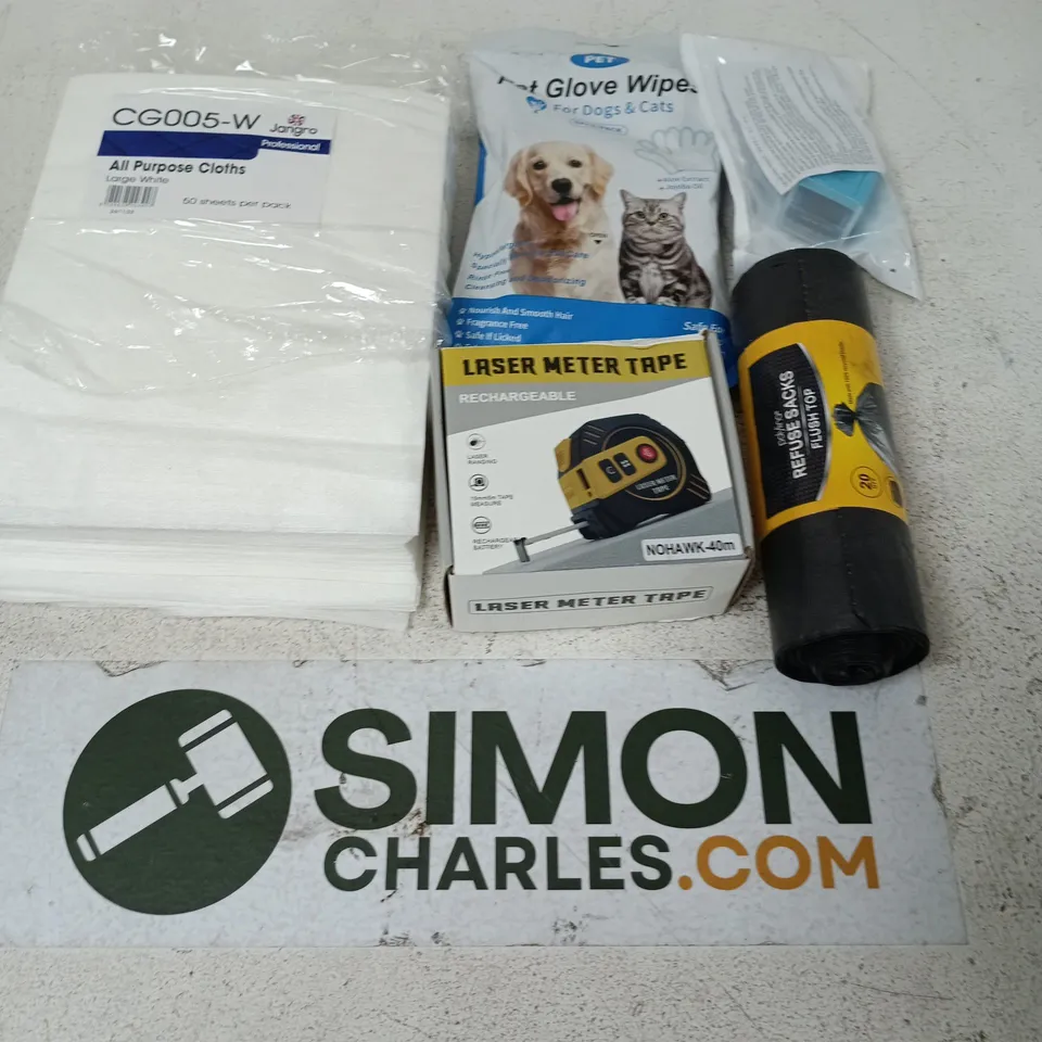 APPROXIMATELY 12 ASSORTED HOUSEHOLD ITEMS TO INCLUDE ALL PURPOSE CLOTHS, PET GLOVE WIPES, LASER METER TAPE, ETC