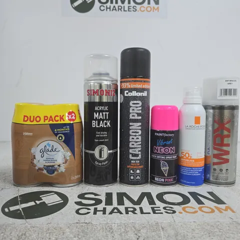 APPROXIMATELY 10 ASSORTED ITEMS INCLUDING WRX SPRAY PAINT, LA ROCHE-POSAY UV SPORT AND PAINT FACTORY QUICK DRYING SPRAY PAINT