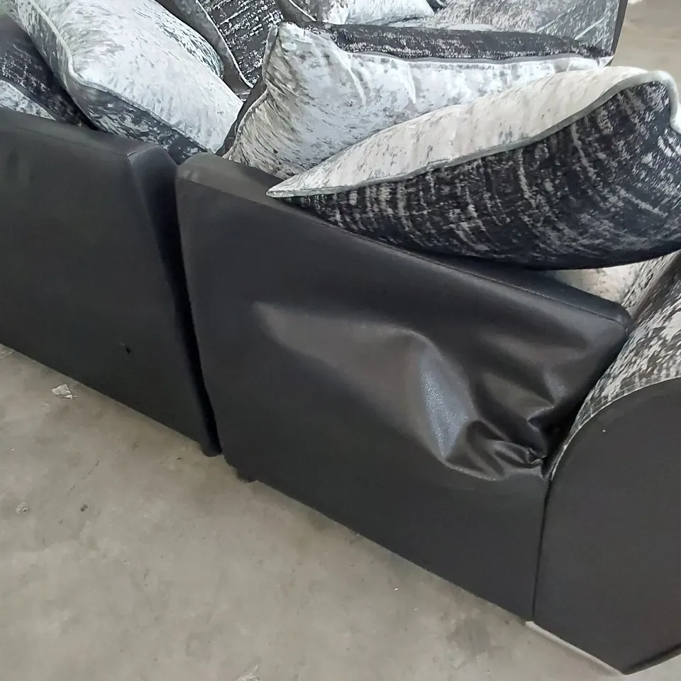 DESIGNER CORNER WITH SCATTER CUSHIONS BLACK FAUX LEATHER & SILVER CRUSHED VELVET 