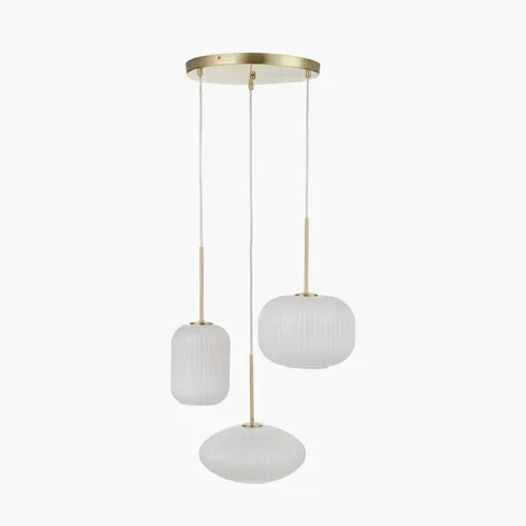 BOXED ALEXA WHITE RIBBED GLASS AND GOLD METAL MULTI DROP PENDANT (NO LAMP SHADES)
