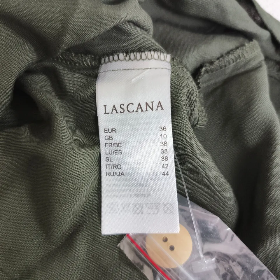 LASCANA OLIVE AND WHITE DRESS WITH BUTTON FRONT DETAIL AND NECK TIE FASTENING – UK 10